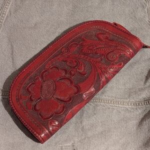 Red Embossed Floral Leather Clutch Wristlet Wallet